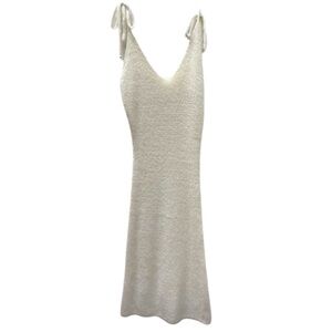 LA MEIL Shoulder Tie Lightweight Knit Sweater Midi Dress Ivory White Size Large